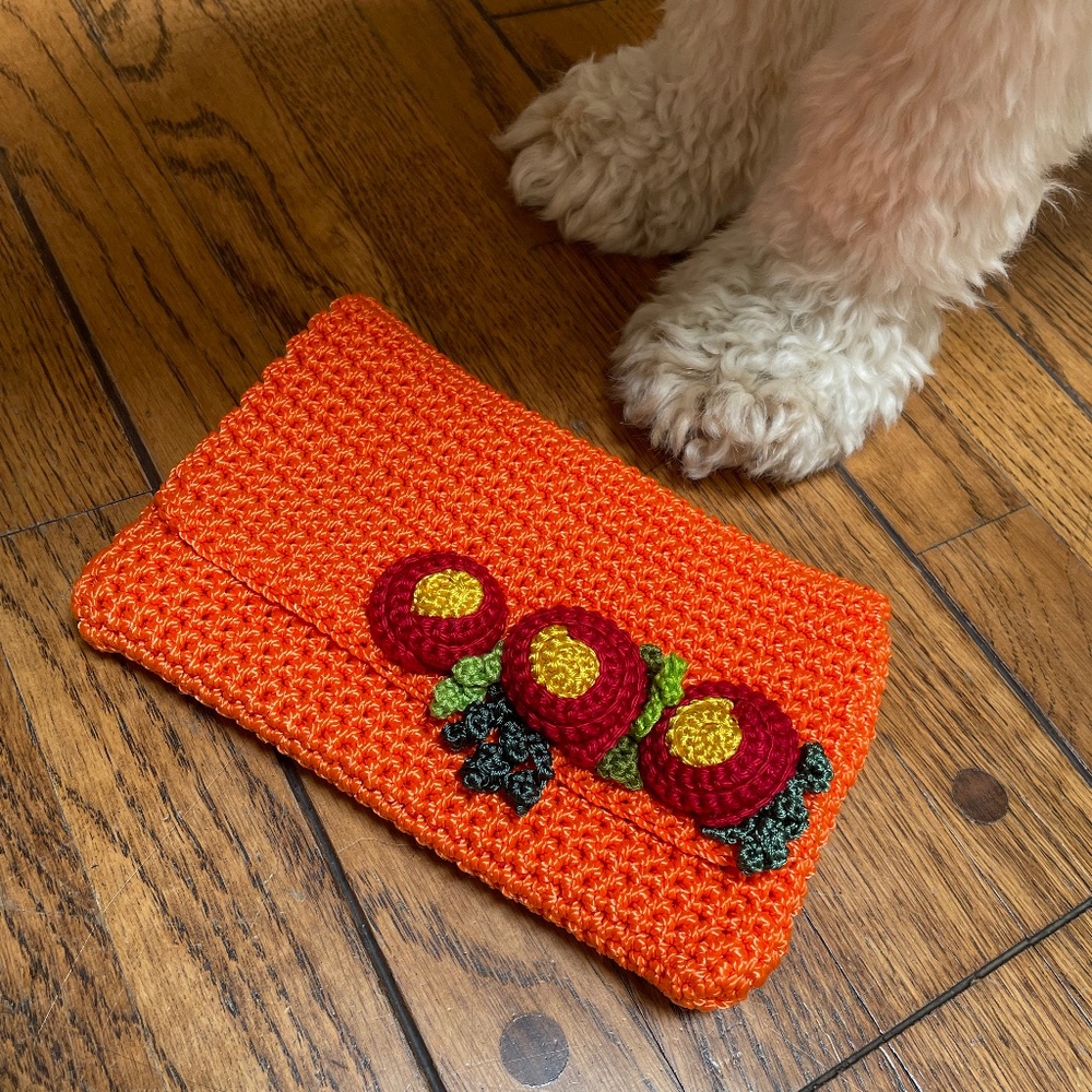 Orange Crochet Knit Clutch w/ flowers